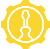 Yellow gear logo with guitar silhouette inside.