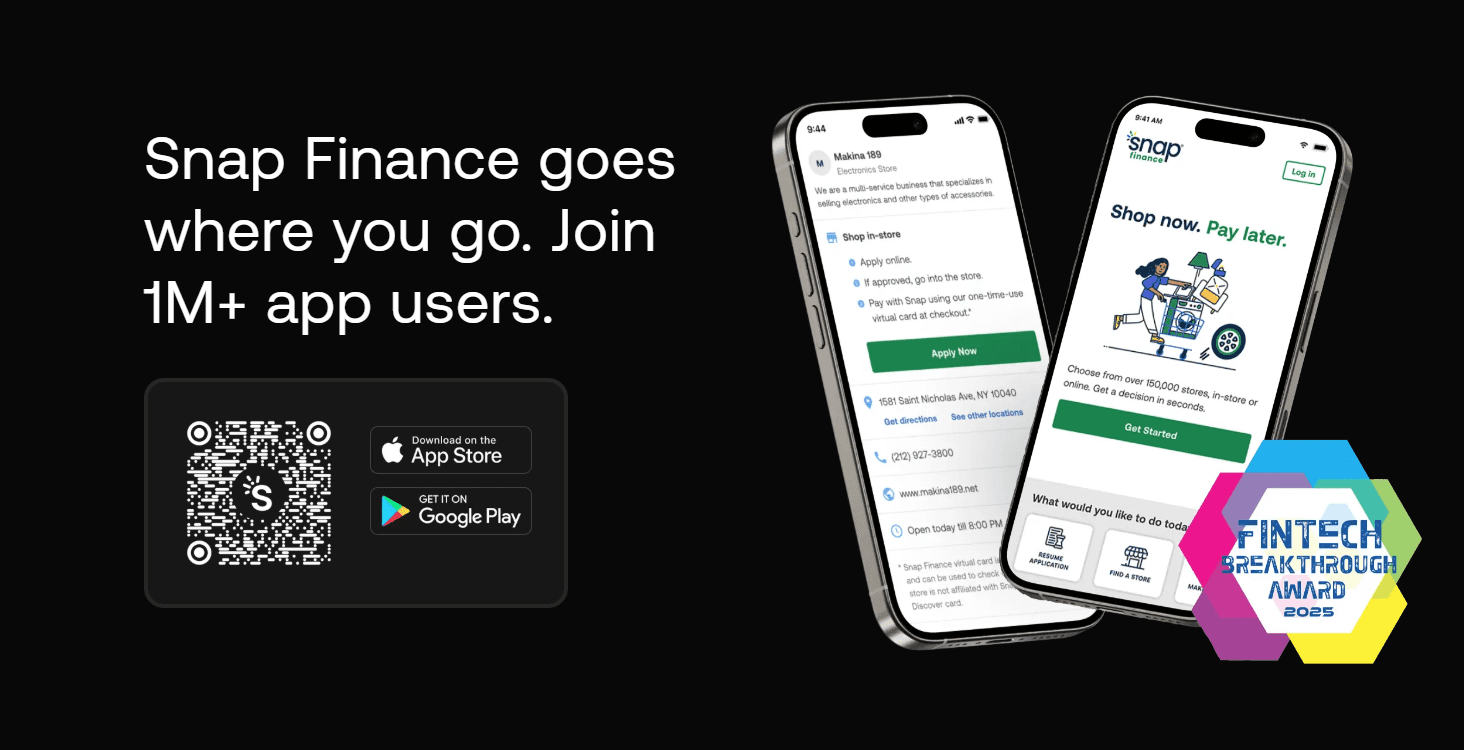 Snap Finance app promotion with award badge.